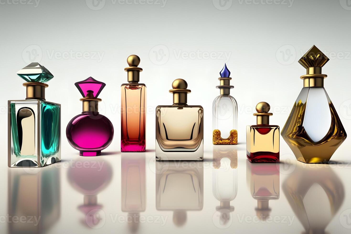 Different luxury perfume bottles on white background. Neural network