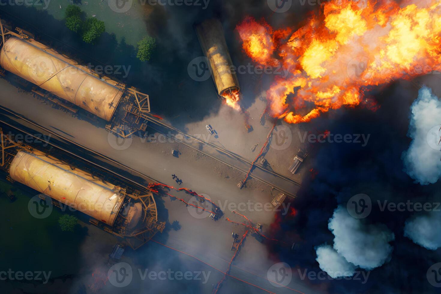 explosion of wagons at the railway station. Neural network photo