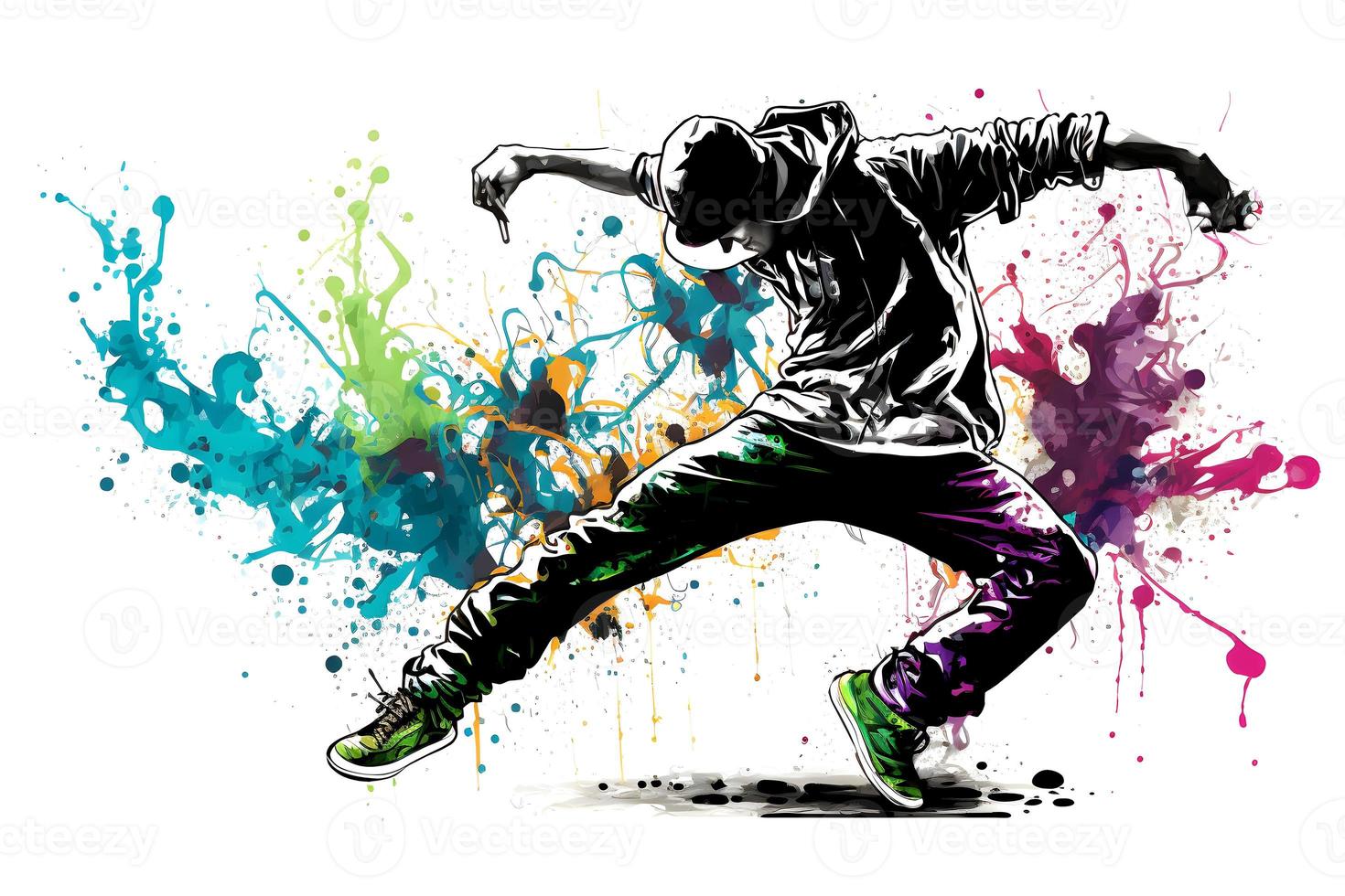 African American hip hop dancer performing on watercolor splash background. Neural network generated art photo