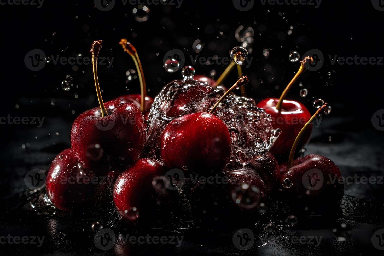 Cherries in a splash of water on a black background. Neural network photo