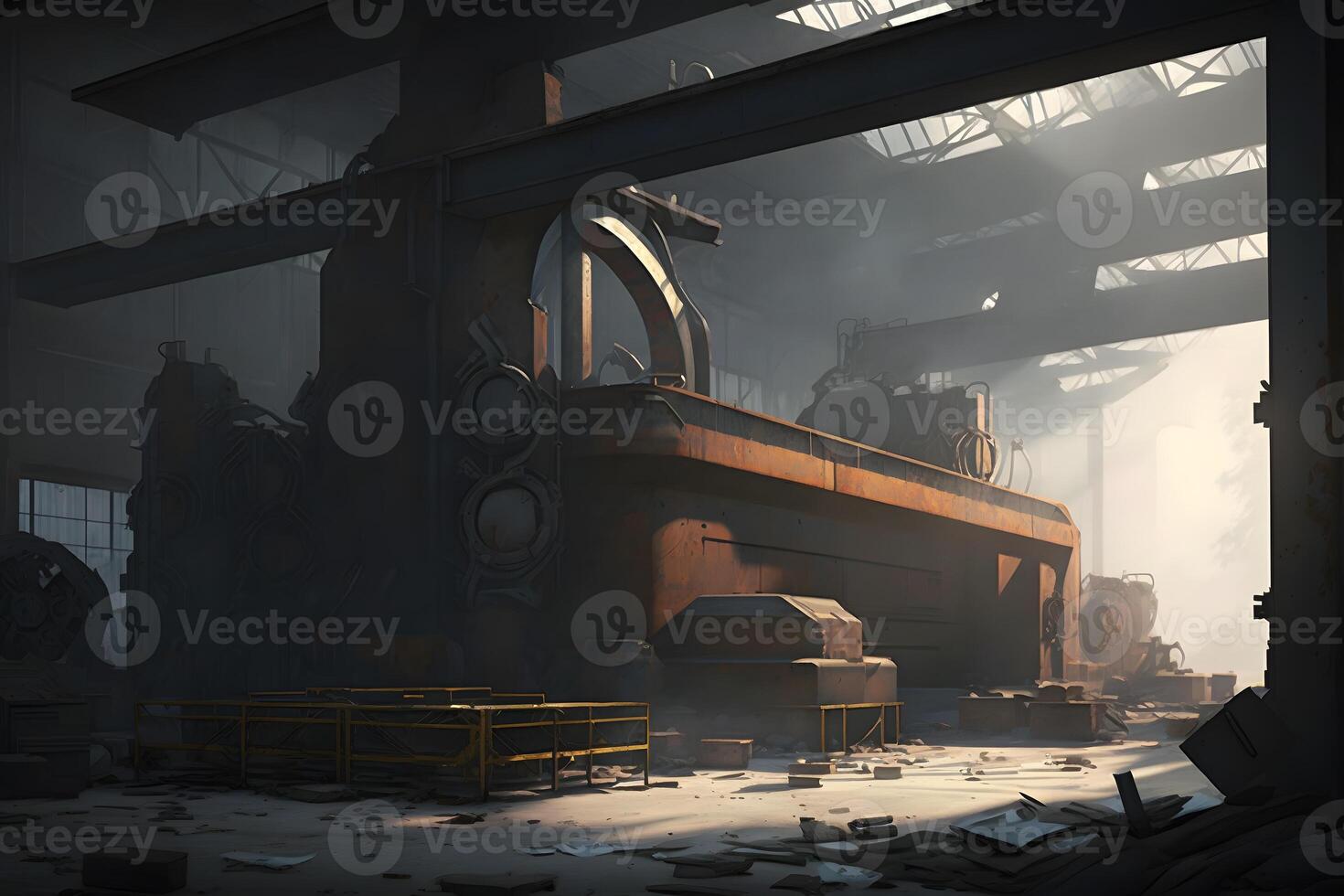 Metal manufacturing factory building with machinery in daytime. Neural network generated art photo
