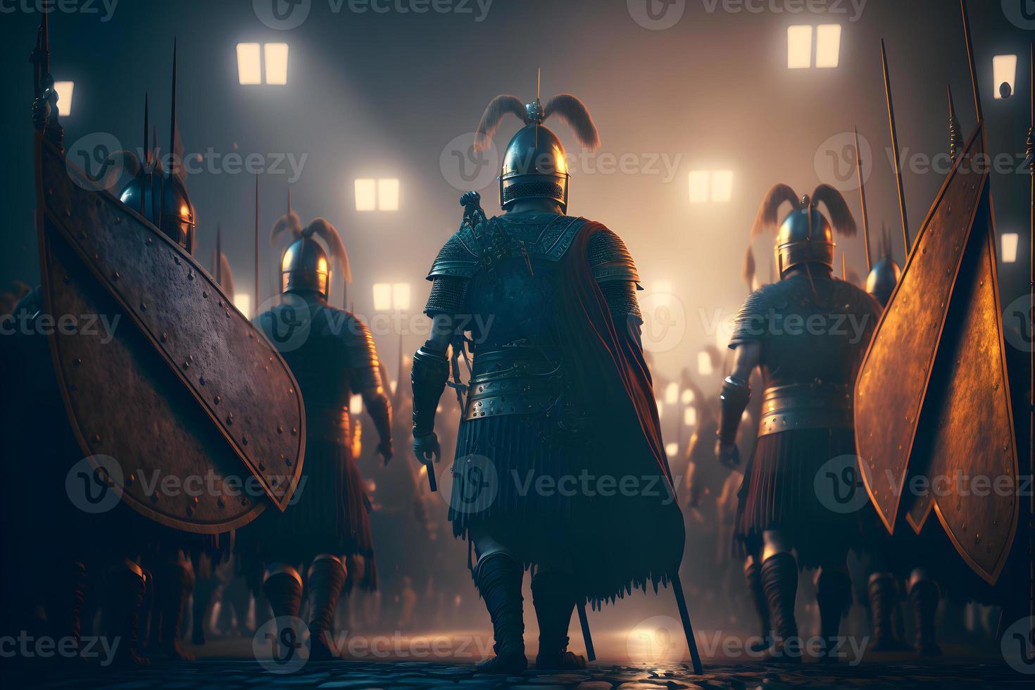 A Roman legion was a large military unit of the Roman army preparing for battle at night. Neural network generated art photo
