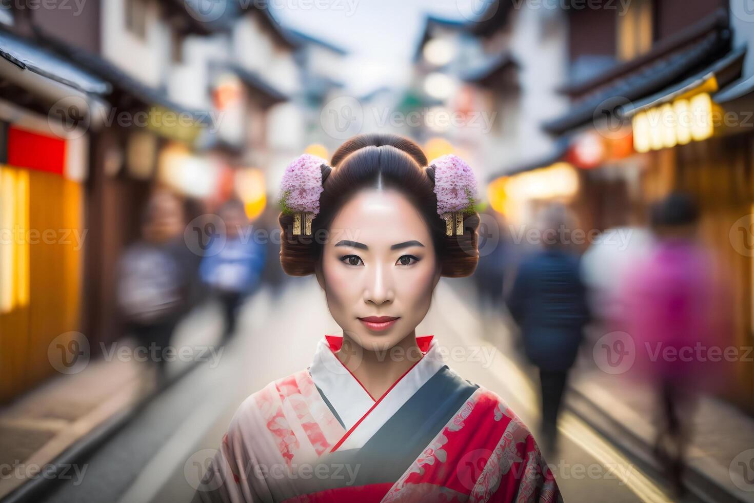 retrato de un japonés mujer en nacional ropa. neural red ai generado foto