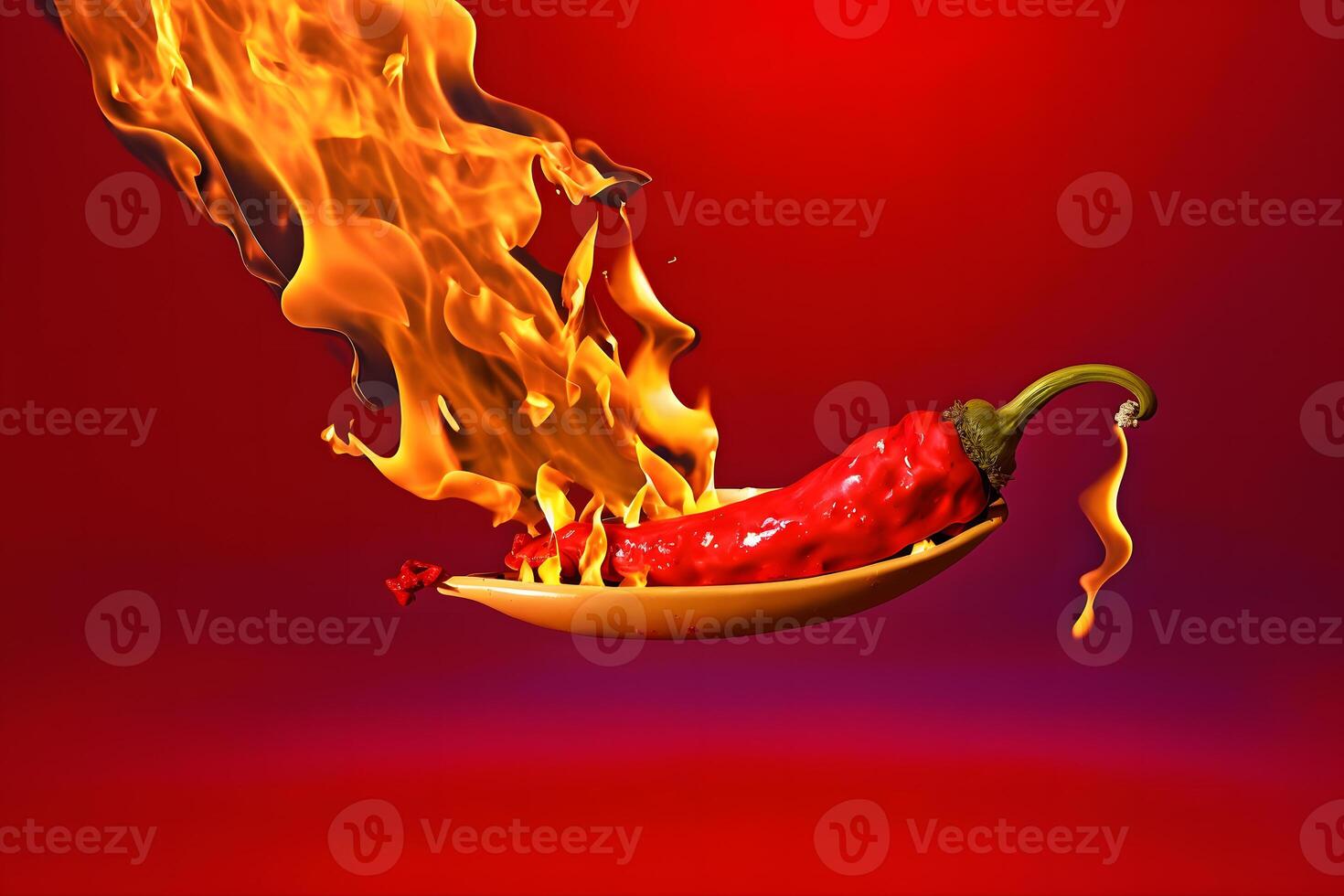 Fresh red chilli pepper in fire as a symbol of burning feeling of spicy food and spices. Red background. Neural network photo