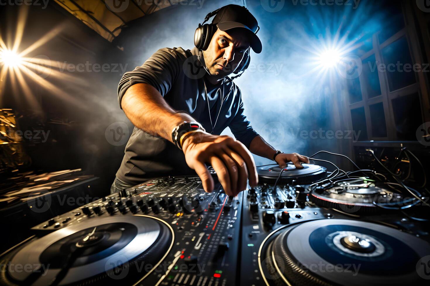 Charismatic disc jockey at the turntable. Neural network photo