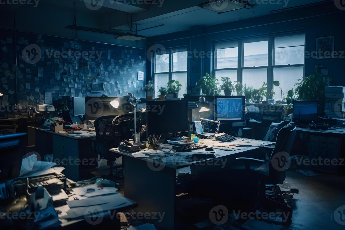 Messy abandoned office after company shut down the desk is cluttered and dusty Neural network photo