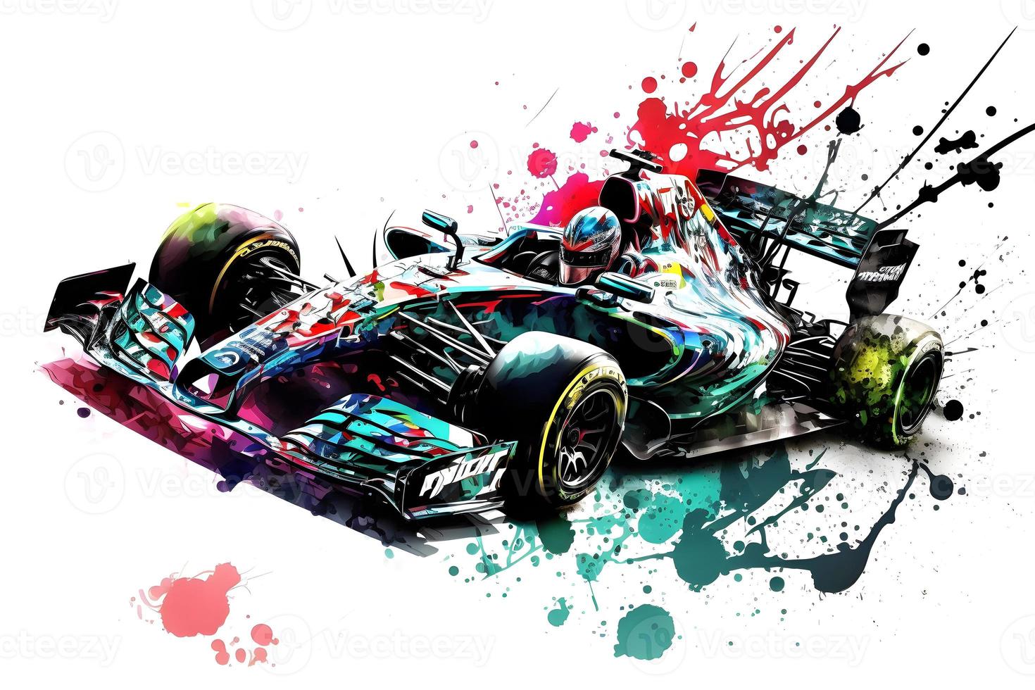 formula one race red car on watercolor rainbow splash, isolated on white. Neural network generated art photo