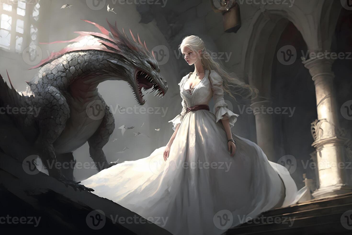 Fantasy princess and beautiful dragon in the castle. Neural network photo