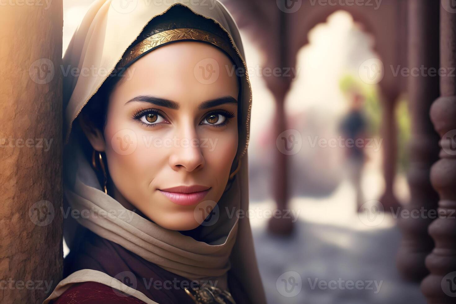 Portrait of young muslim woman wearing hijab head. Neural network photo