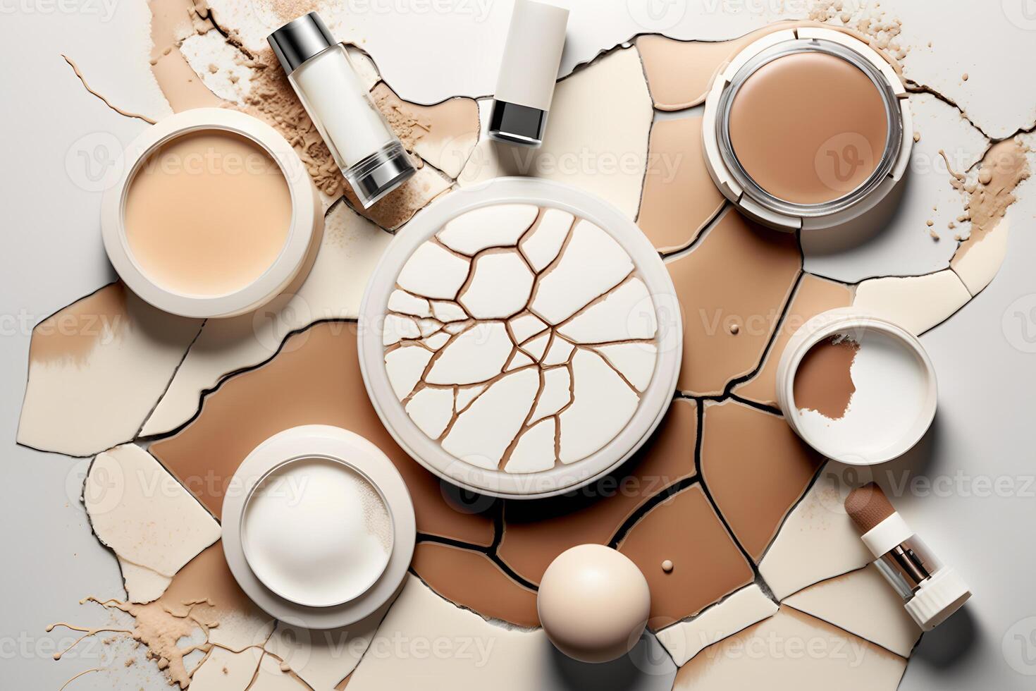 Flat lay composition with various makeup face powders on white background. Neural network photo