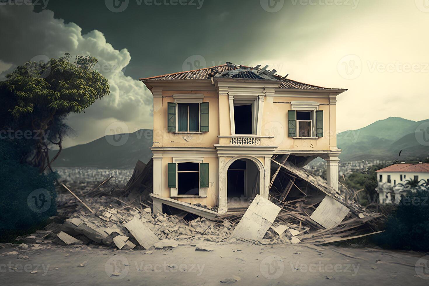 Ruined house after the earthquake. Neural network photo