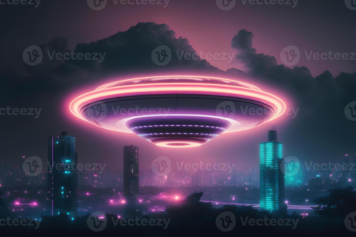 UFO object with glowing lights flying to city center on a rainy day. Neural network generated art photo