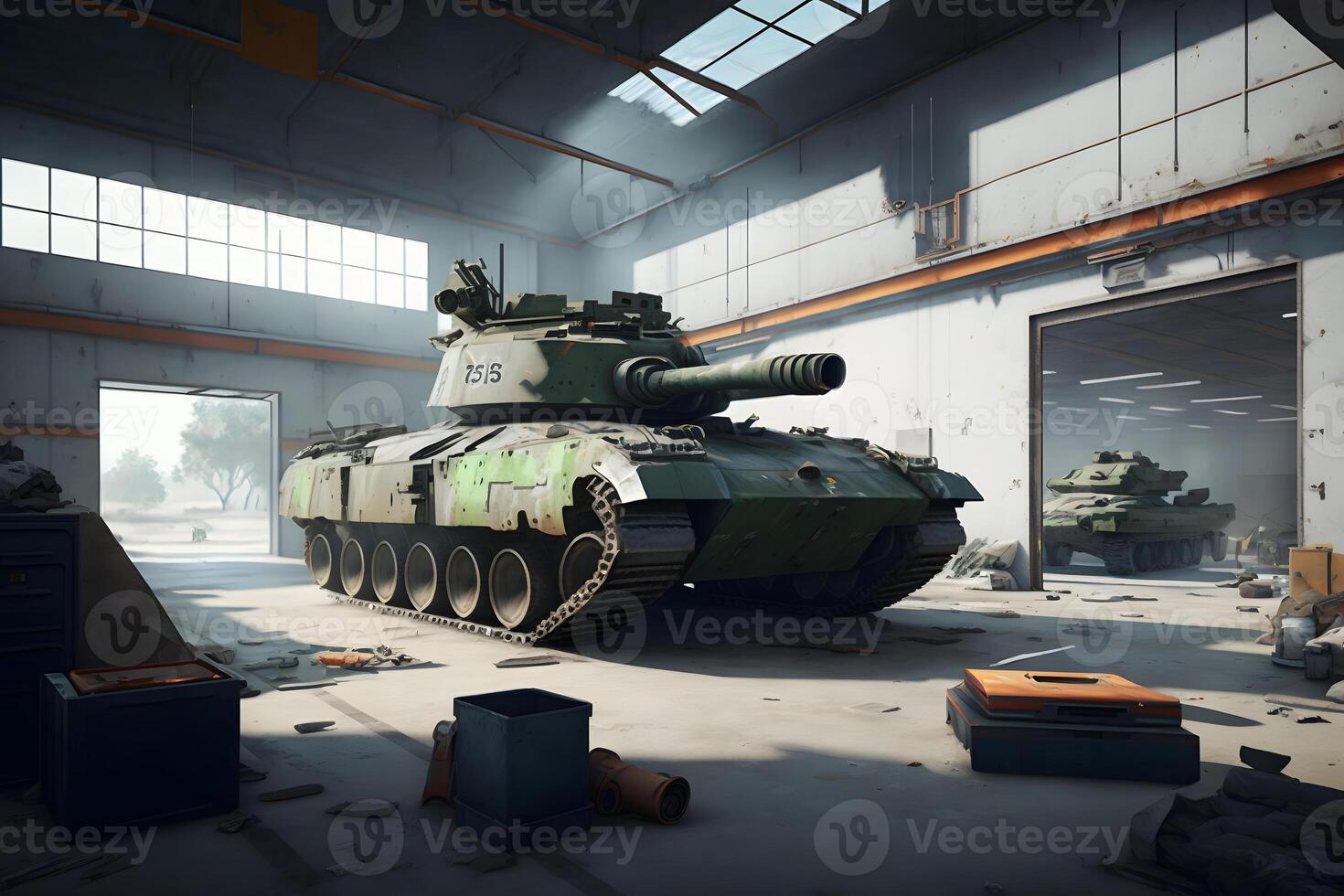 battle tank at a military base in a hangar, an industrial plant. Neural network photo