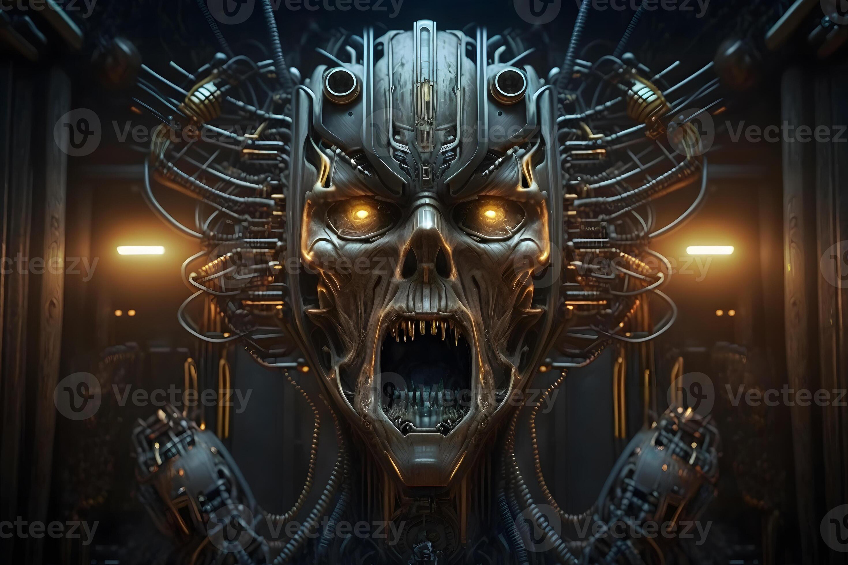 Dark robotic skeleton science fiction screaming robot skull connected