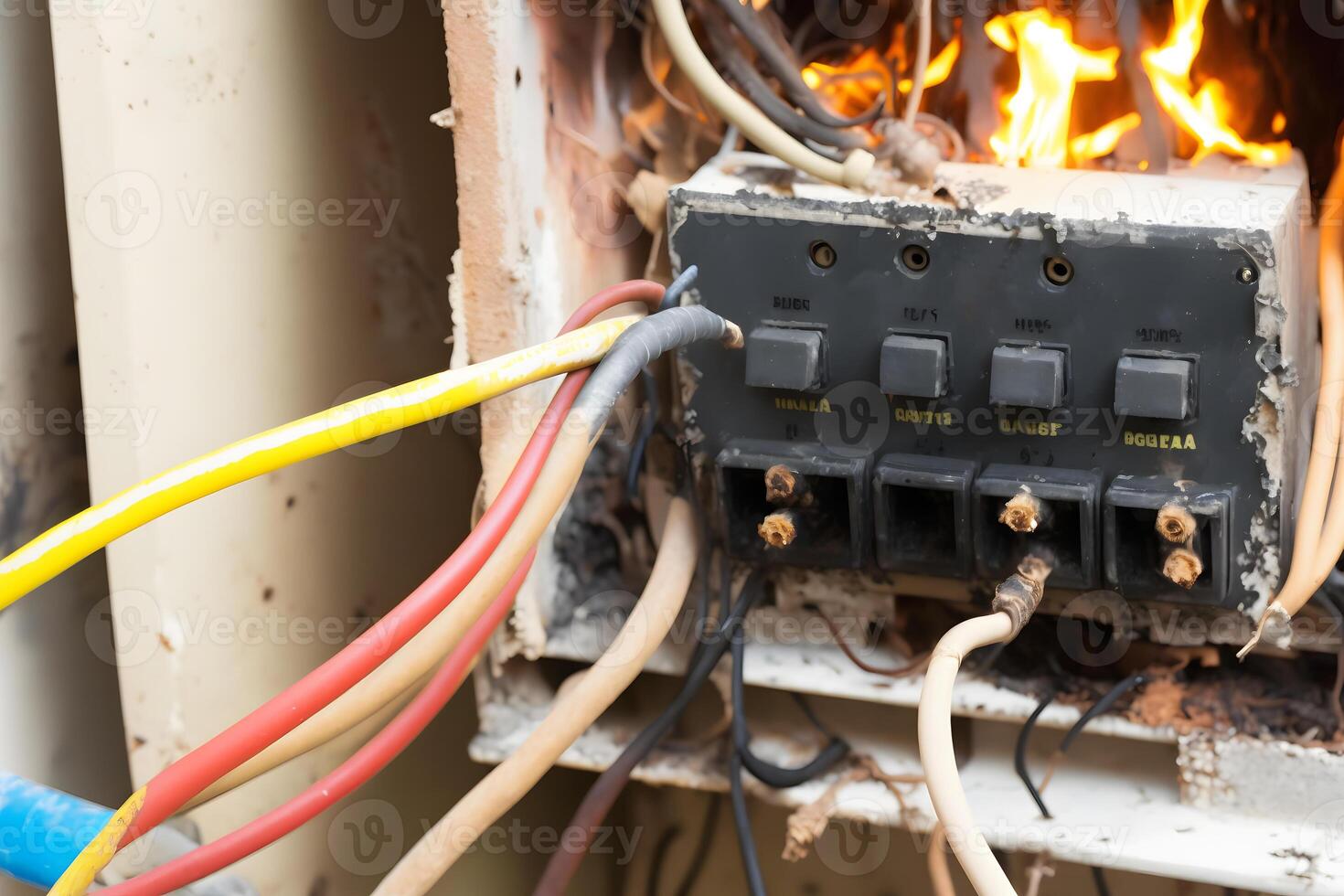 Burning Switchboard From Overload Or Short Circuit On Wall. Burning Switchboard From Overload Or Short Circuit On Wall.