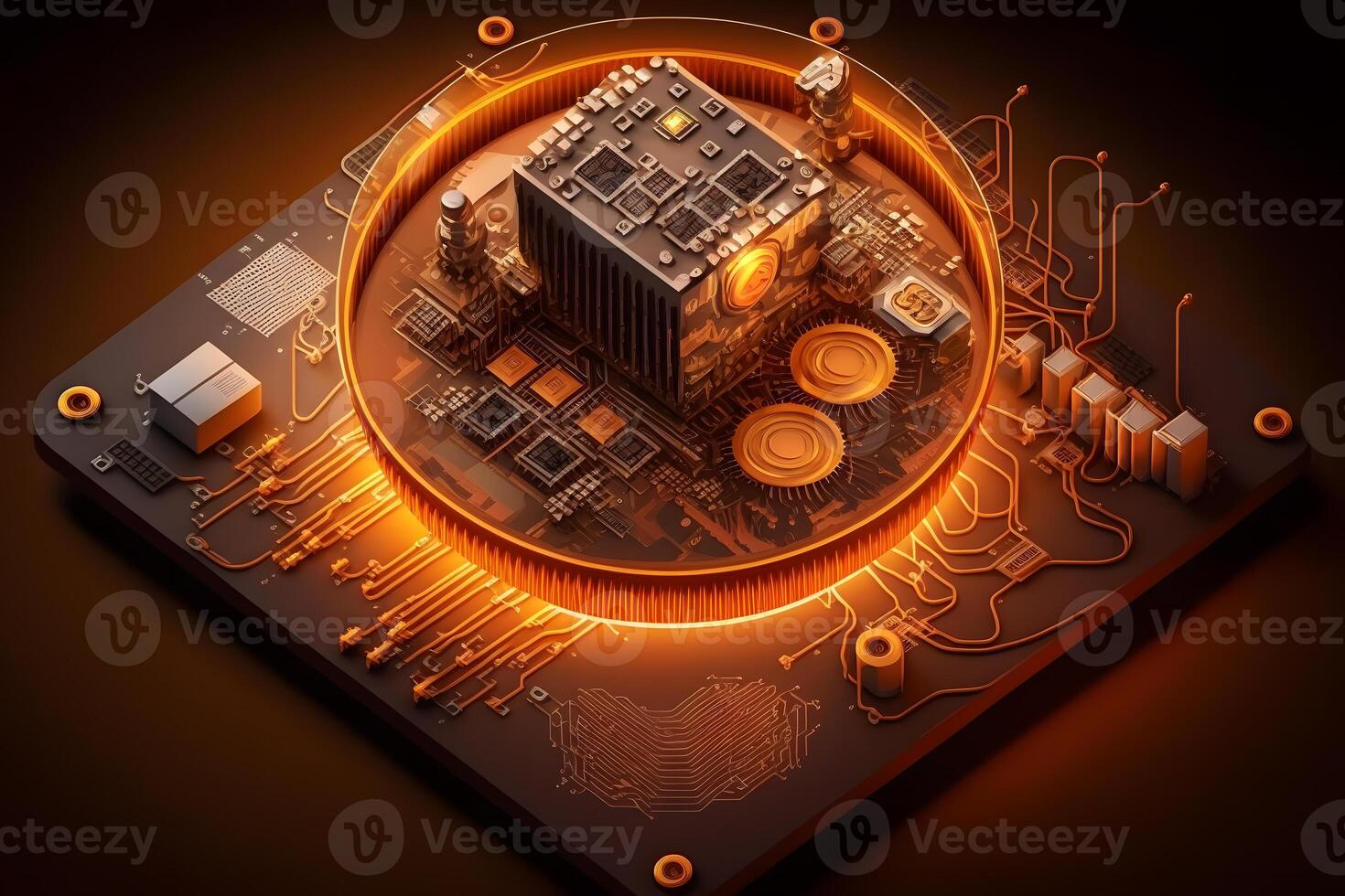 A board with chips and a gaming graphics card processor. Progressive cooling system for the chip, processor and memory. Computer Details. Neural network photo