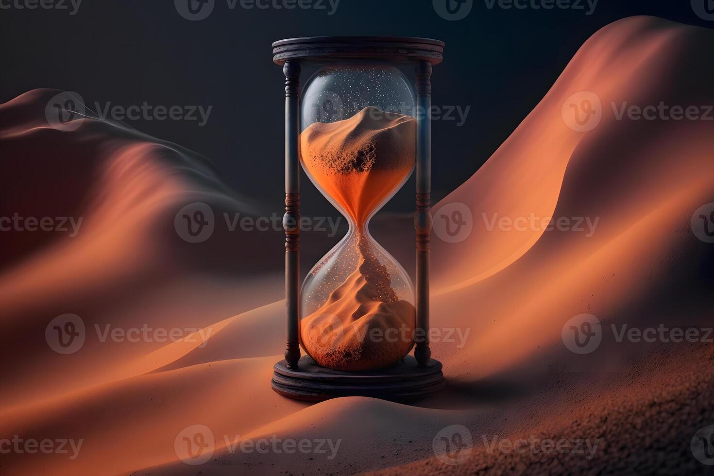 Sand running through the bulbs of an hourglass measuring the passing time in a countdown to a deadline. Neural network photo