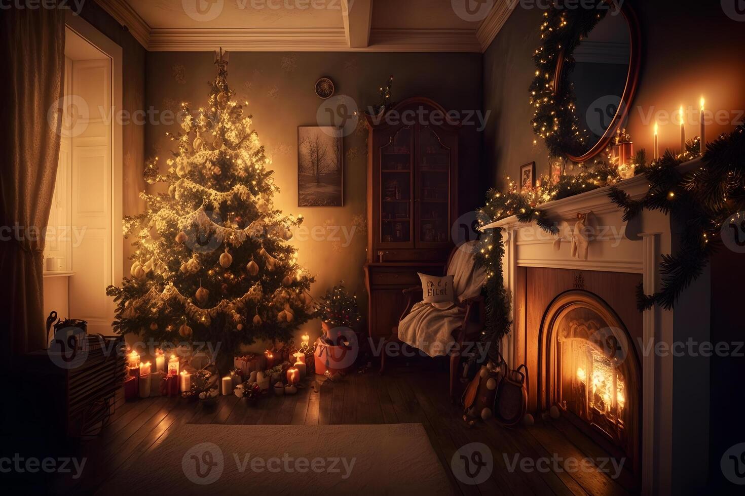 Beautiful cozy Christmas interior with a fireplace. Neural network photo