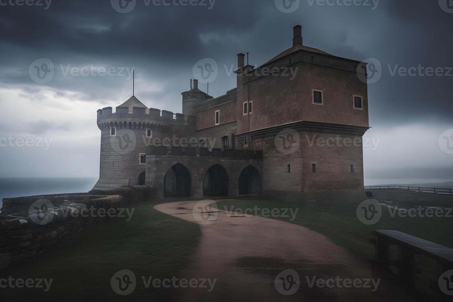 Landscape with old castle at night. Neural network photo