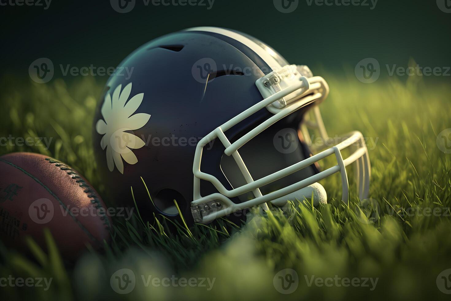 American football helmet on green grass. Neural network art photo