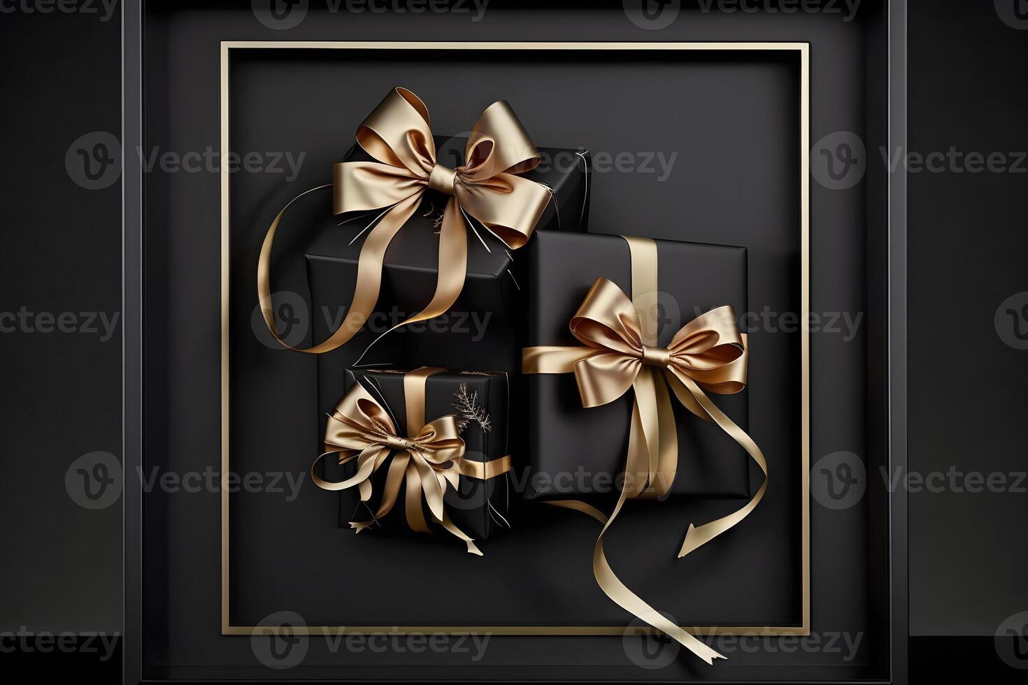 Black gift boxes with gold ribbon on dark background. Neural network photo