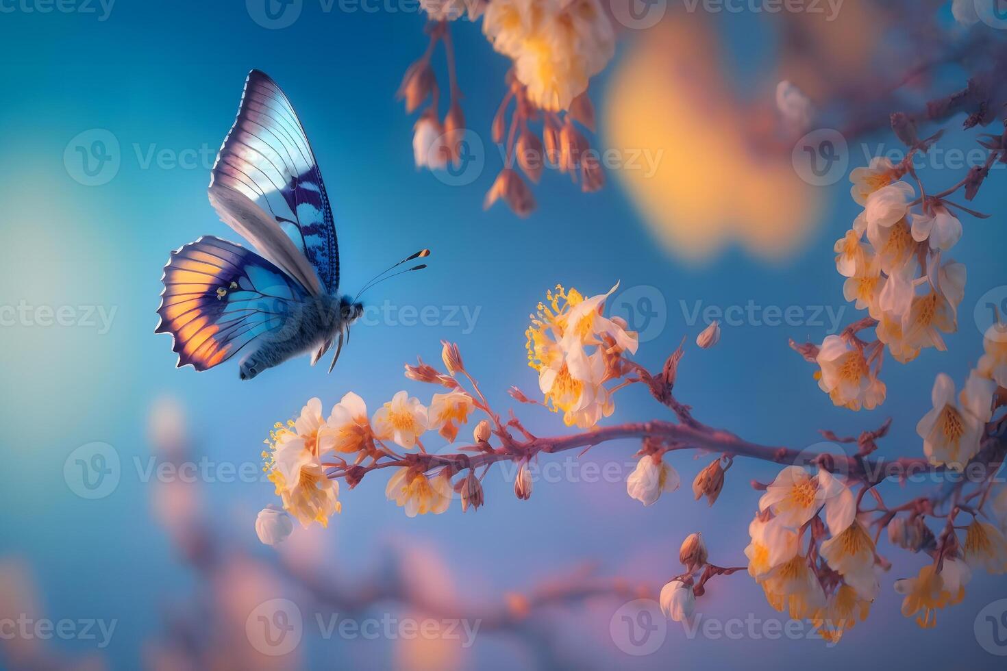 Blooming sakura and butterfly. Neural network photo