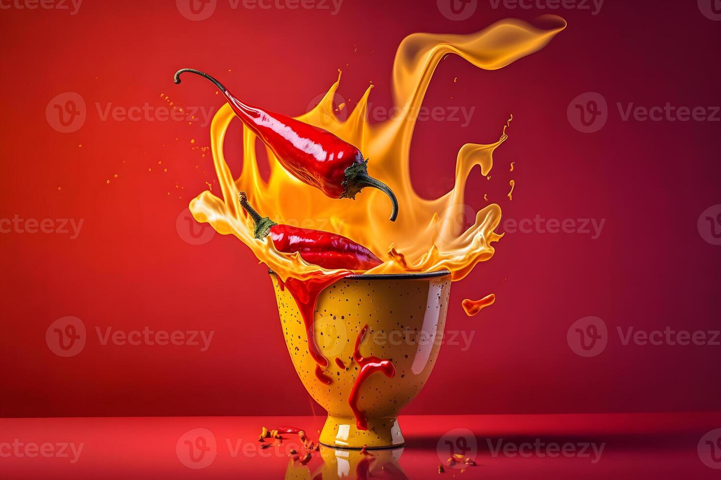 Fresh red chilli pepper in fire as a symbol of burning feeling of spicy food and spices. Red background. Neural network photo