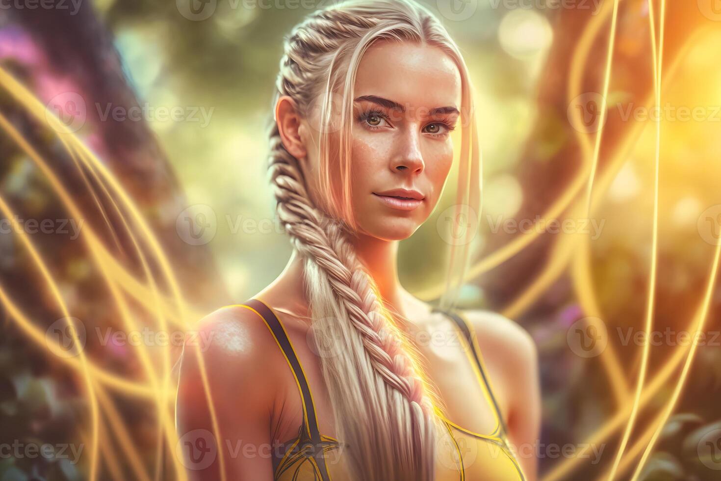 Beautiful woman with long braids in the garden. Neural network photo