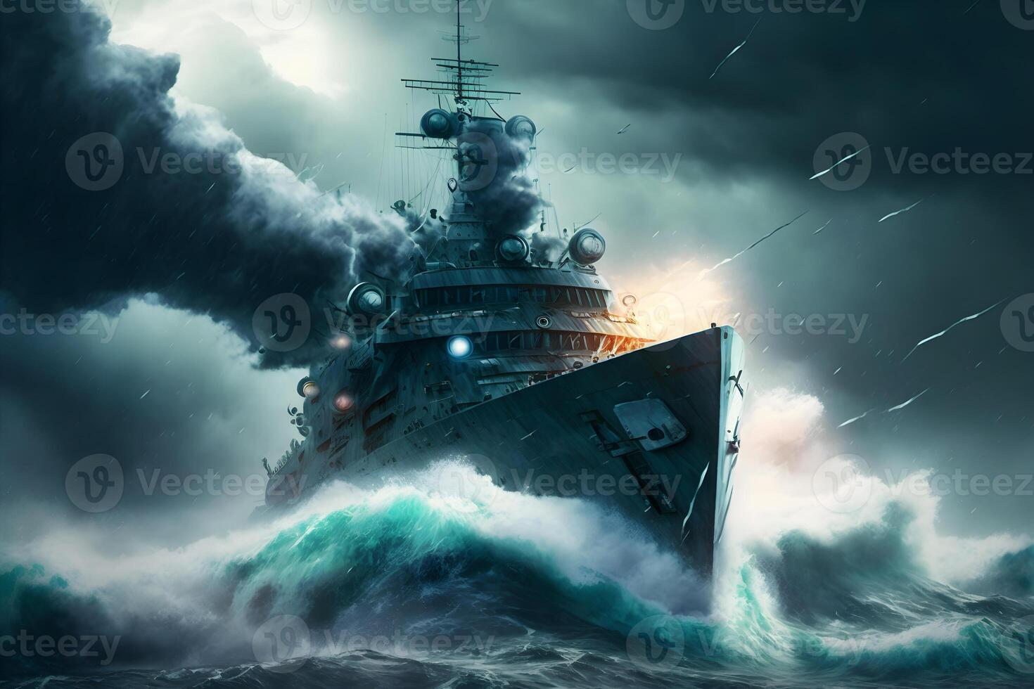 Warship at sea during a storm. Neural network art photo