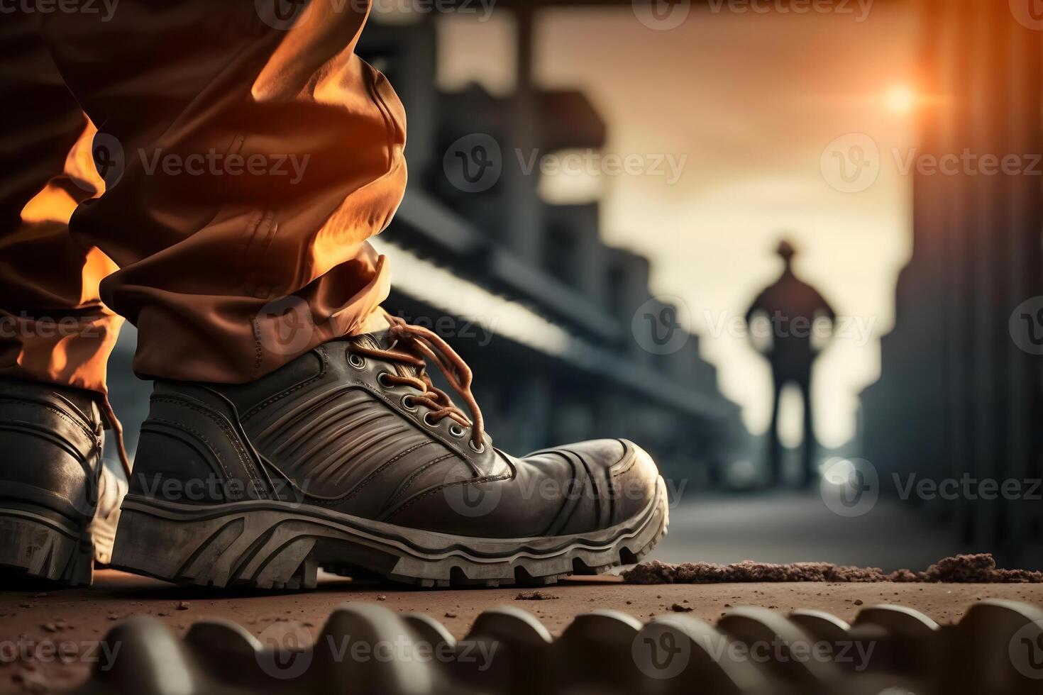 Close-up safety working shoe on a worker feet is standing at the factory. Neural network photo