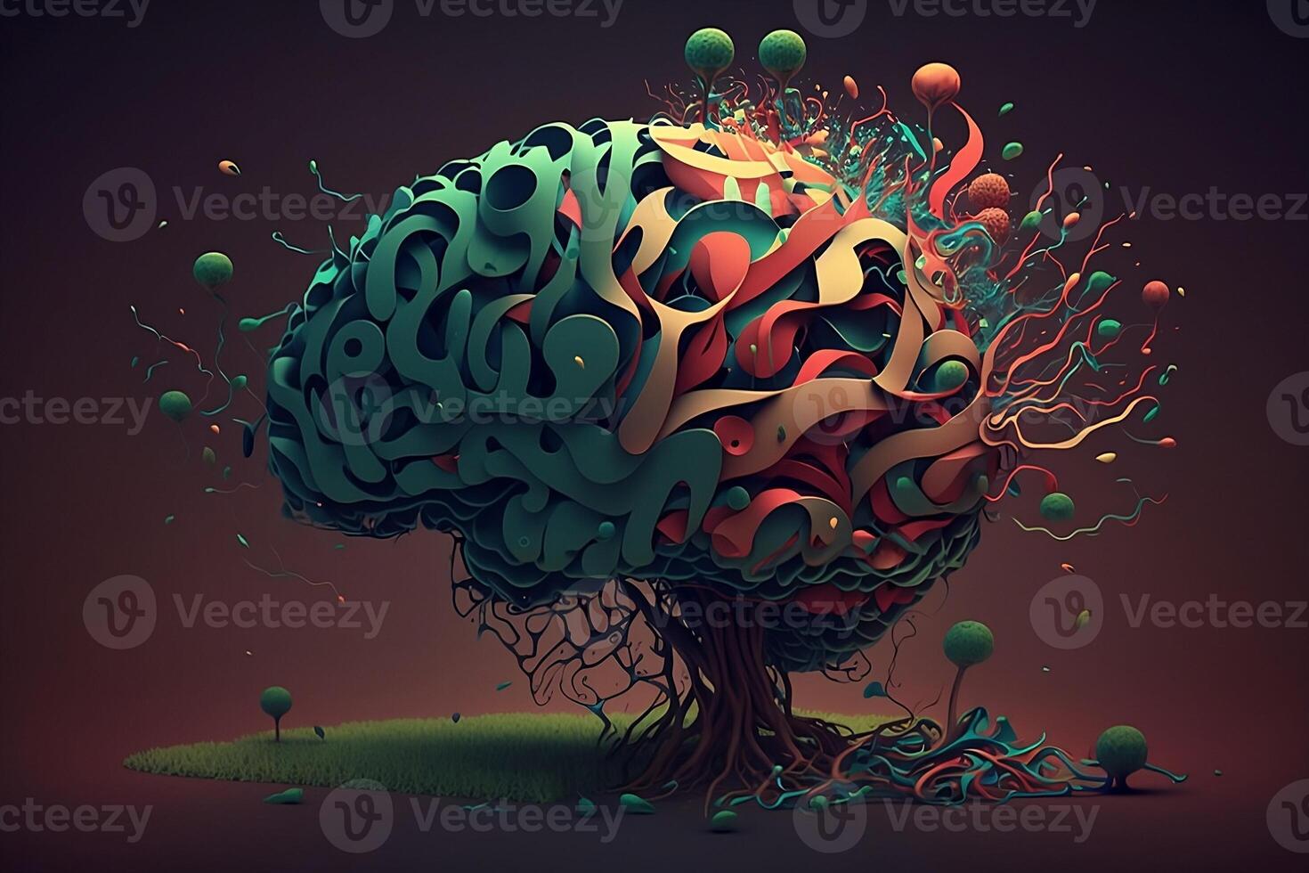 Abstract human brain in form of tree with branches of colored positive thoughts. Mental health concept. photo