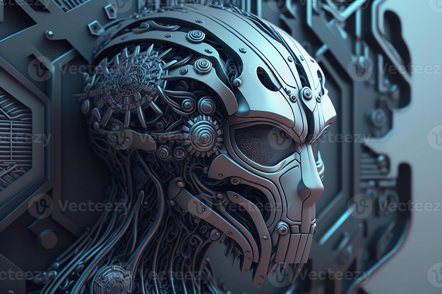 Metal face of humanoid robot, portrait. Artificial intelligence concept. photo