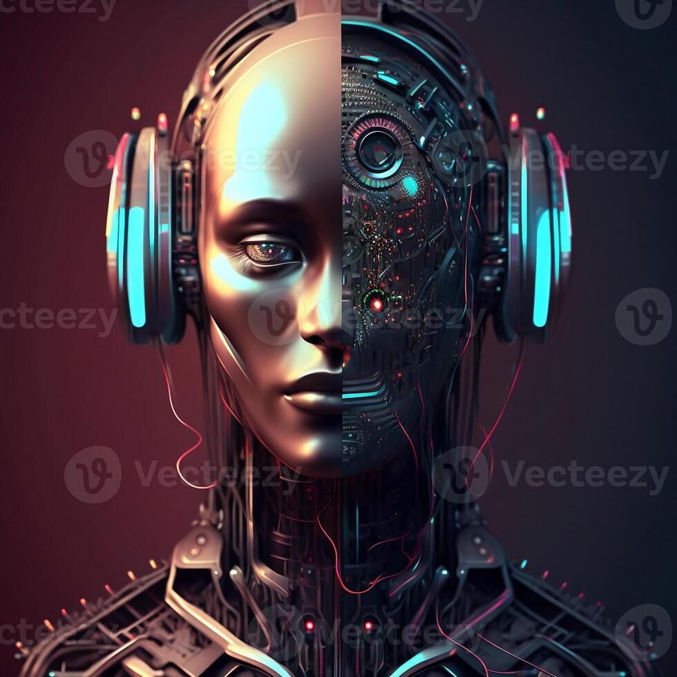 Artificial intelligence futuristic robot with headphones. photo