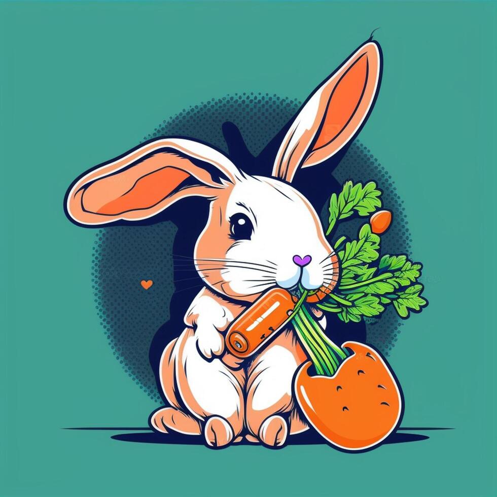 Cute Rabbit Bite Carrot Cartoon. Icon Illustration. Animal Nature Icon Concept Isolated . Flat Cartoon Style. photo