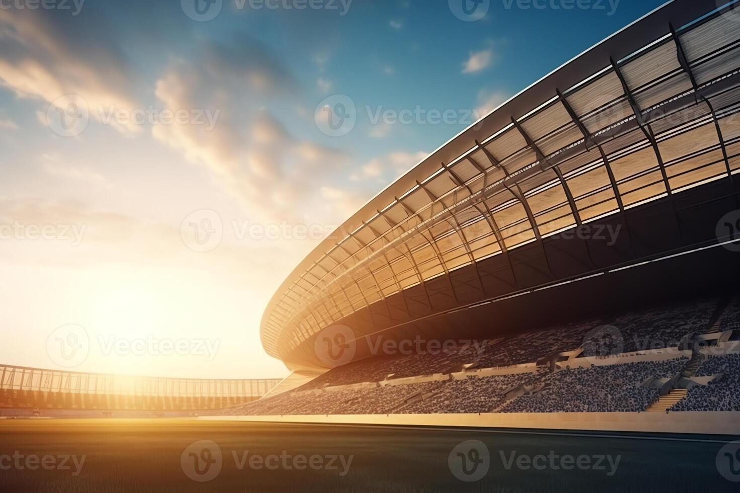 3D render of a stadium with fans during sunset against a blue sky backdrop. photo