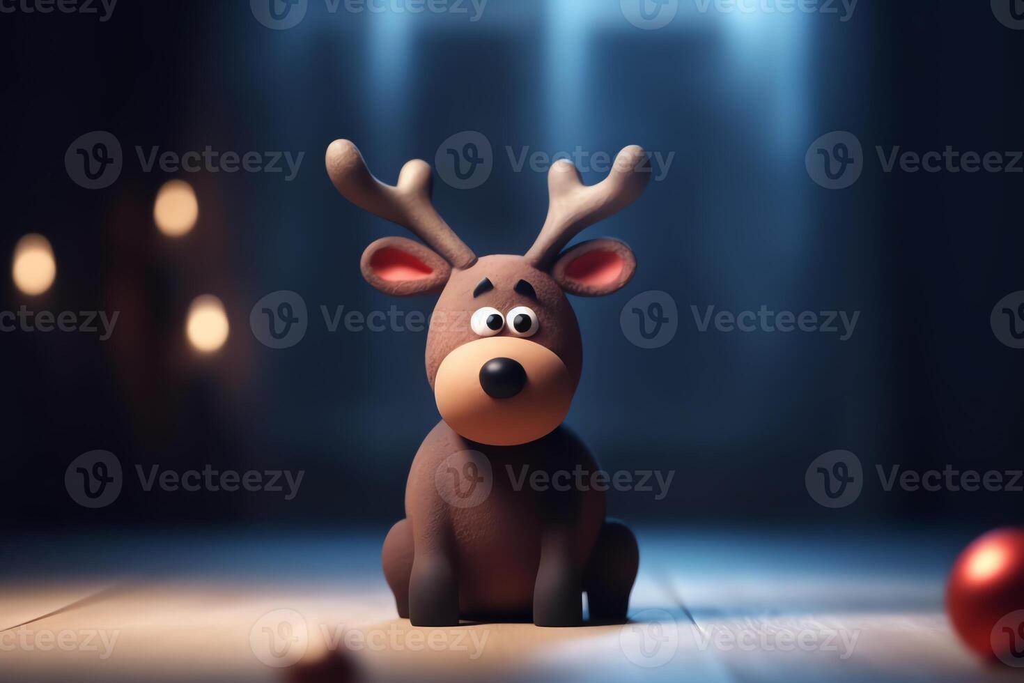 3D rendering of reindeer toy with red nose on Christmas background Christmas holiday photo