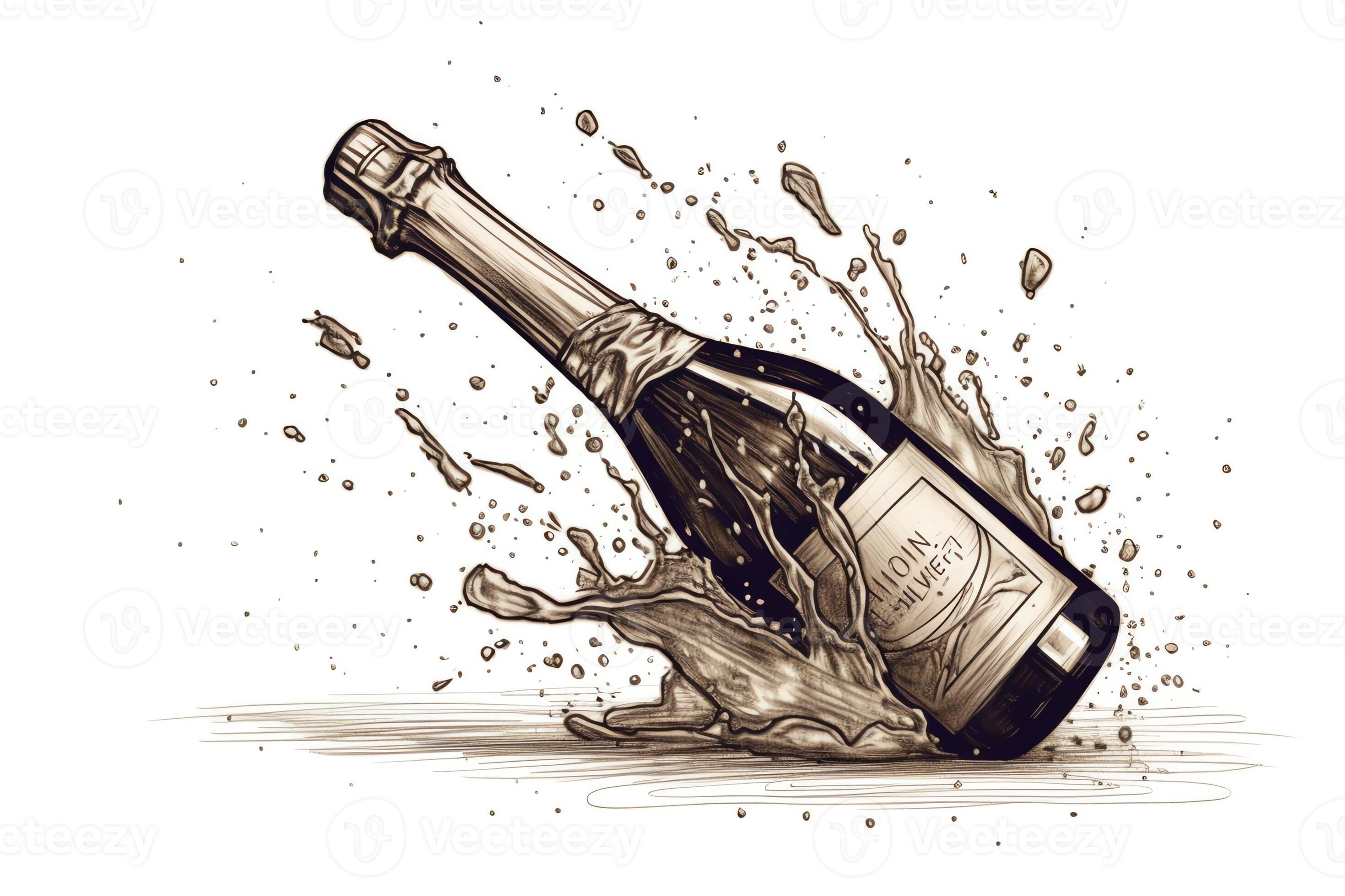 Line Drawing Champagne Bottle With Splash Opening In Victory And