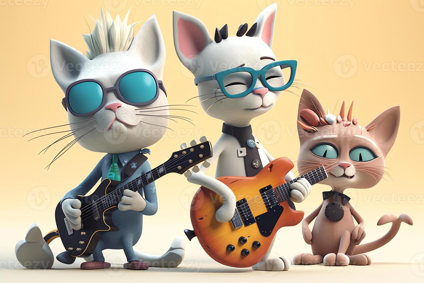 Illustration of 3Dstyle cartoon characters in a rock band featuring amusing cats. photo