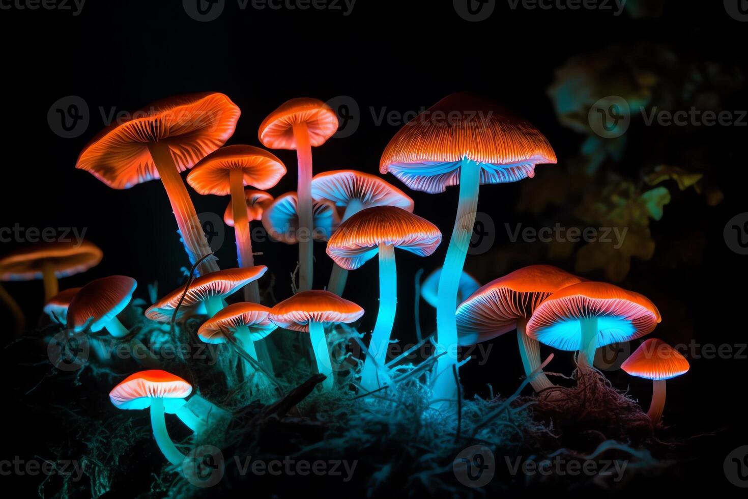 Mystic luminescent mushrooms with glowing spots and psychedelic fluorescent colors. photo