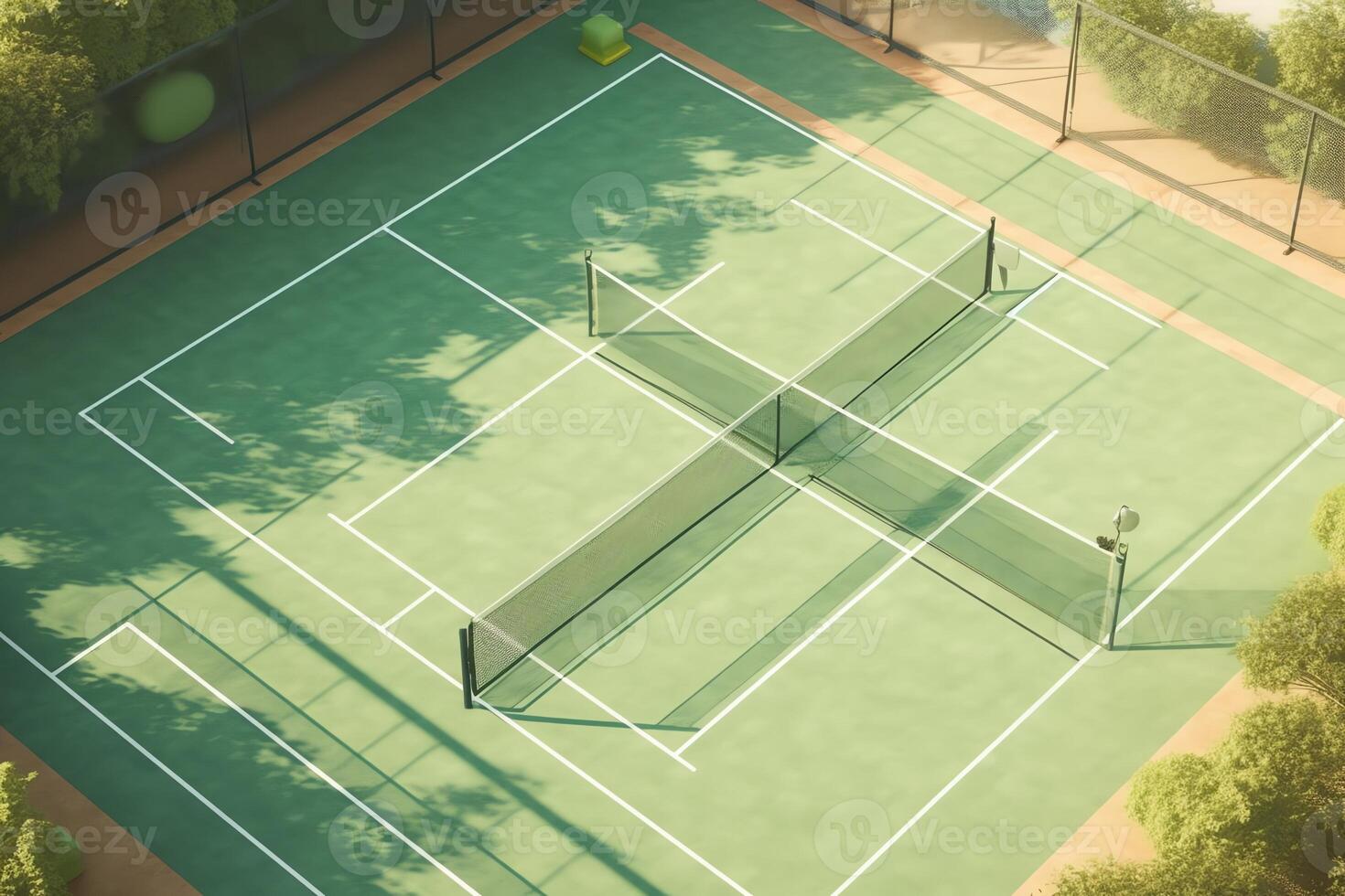 Sunlit court with pickleball equipment and banner featuring top view 3D render. photo