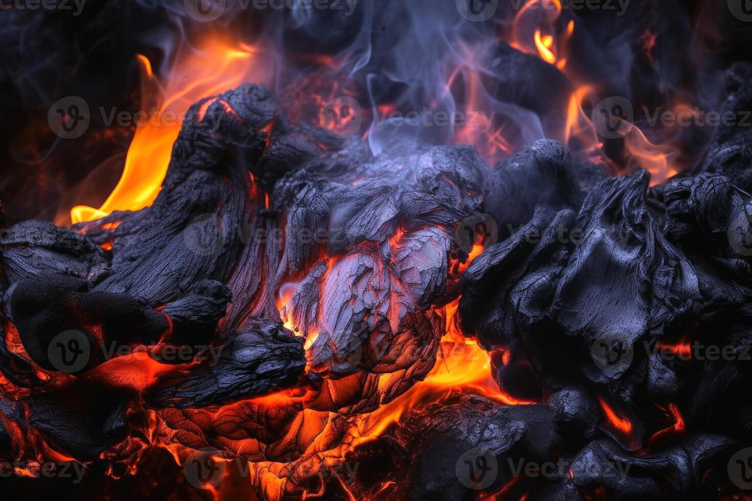 Glowing ember from burning coal background texture created with technology. photo