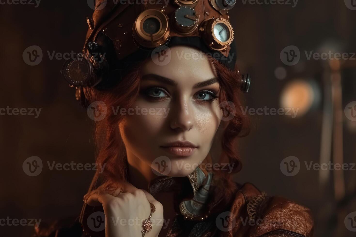 A beautiful portrait of a young woman in a steampunk outfit created with technology. photo