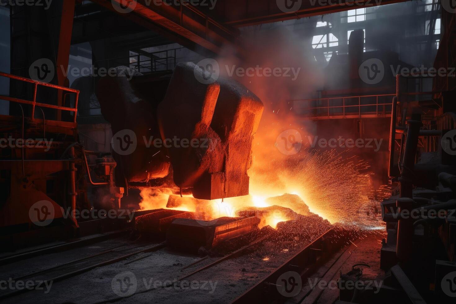 Hot liquid iron in the steel industry created with technology. photo