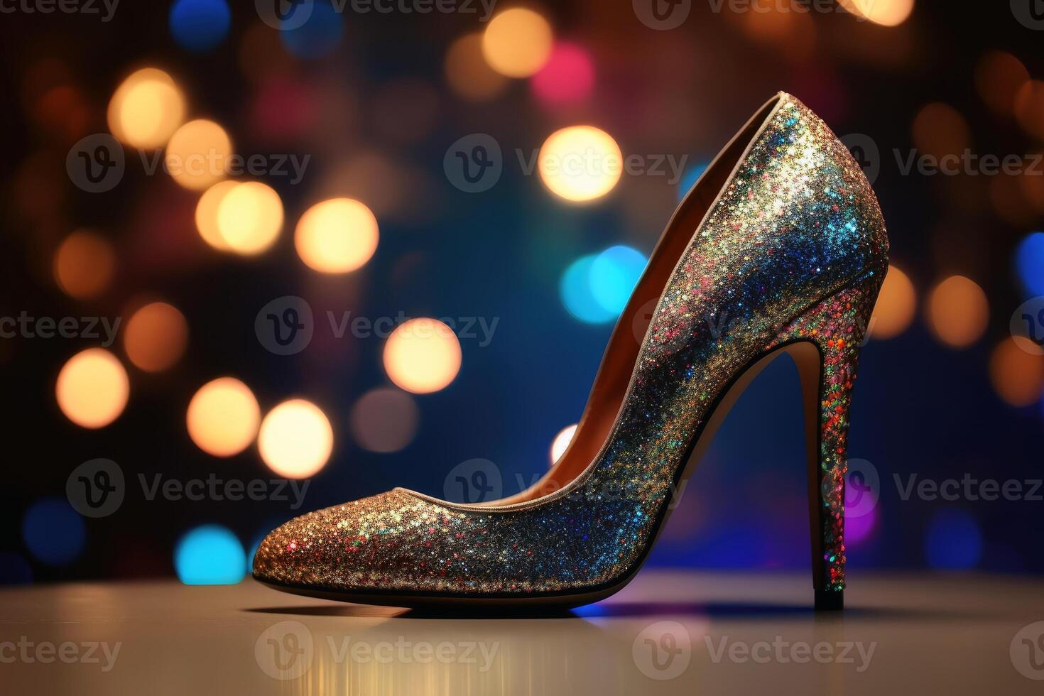 Stylish high heel shoes with glitter and bokeh lights created with technology. photo