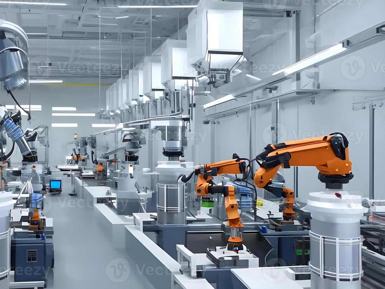 Modern High Tech Industrial Robotic arm on the factory production line production line is being welded. . photo