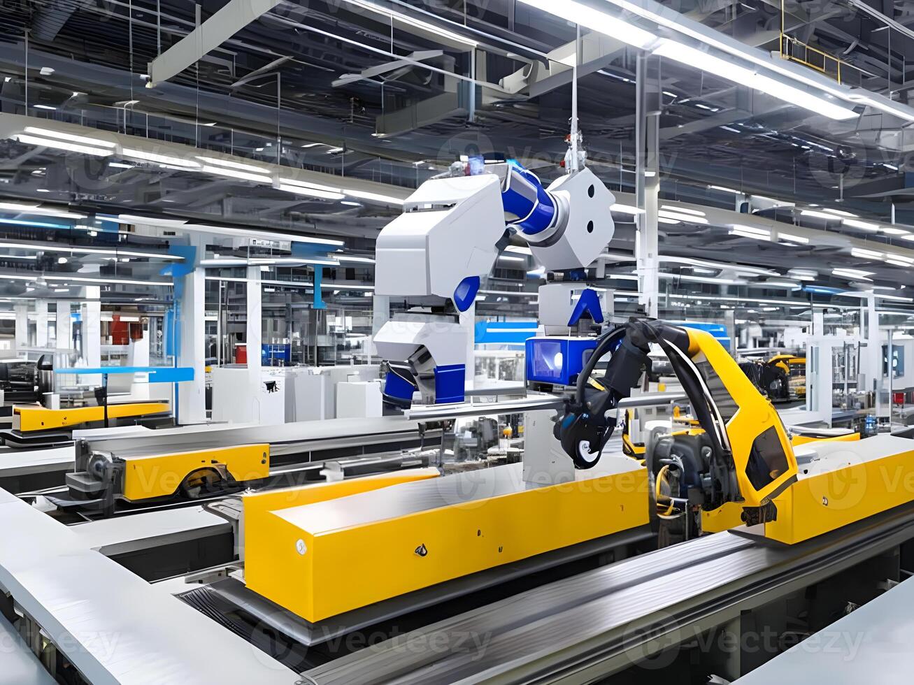 Modern High Tech Industrial Robotic arm on the factory production line production line is being welded. . photo