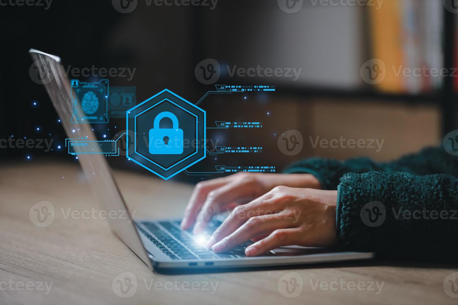Cybersecurity and privacy and protect data concept. lock key icon and internet network security technology. Businessman protecting personal data on smartphone, virtual screen interfaces. photo