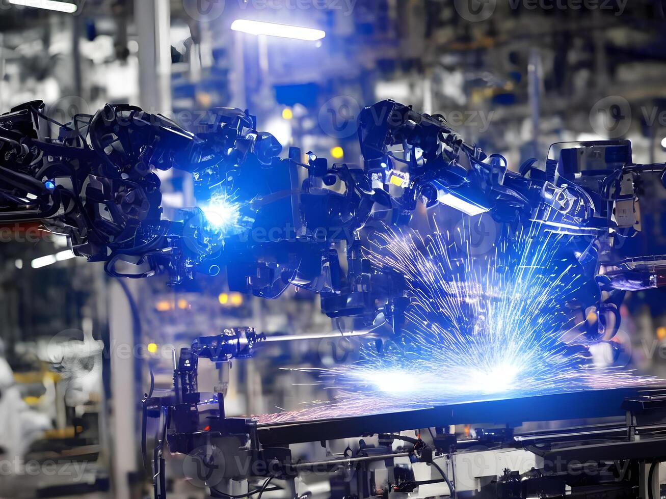 Modern High Tech Industrial Robotic arm on the factory production line production line is being welded. . photo