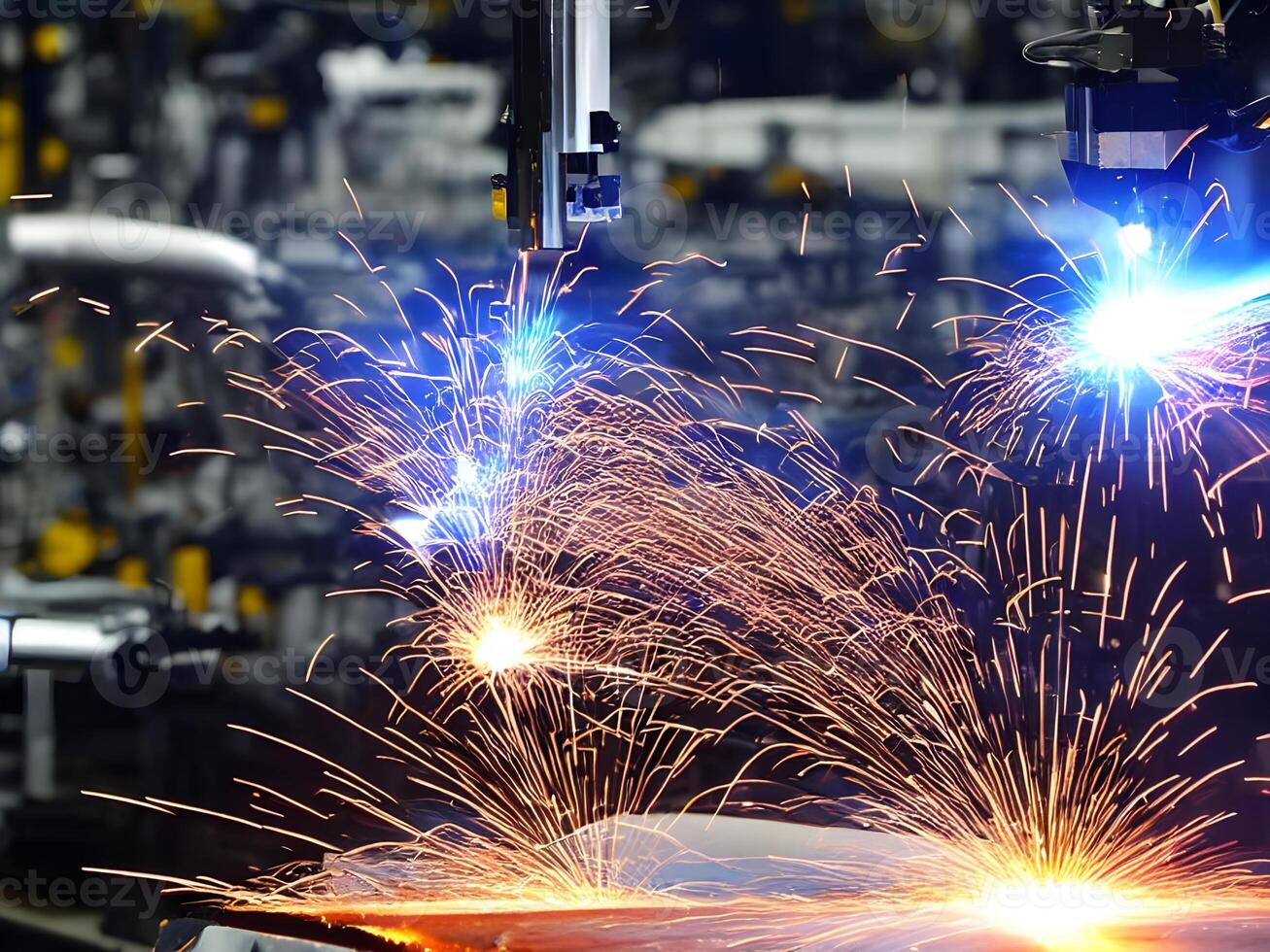 Modern High Tech Industrial Robotic arm on the factory production line production line is being welded. . photo