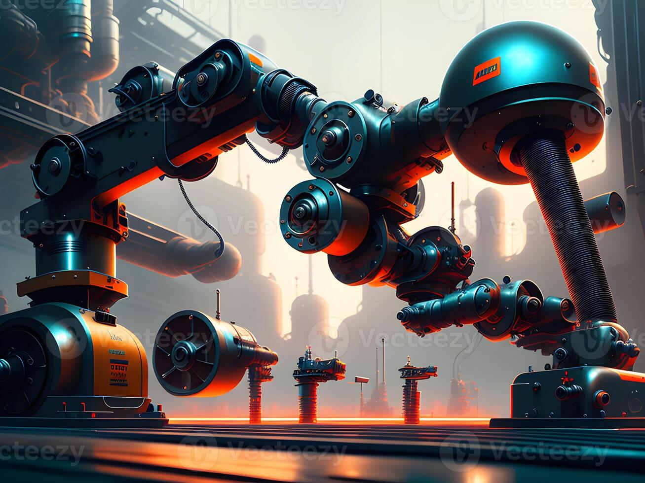 Modern High Tech Industrial Robotic arm on the factory production line production line is being welded. . photo